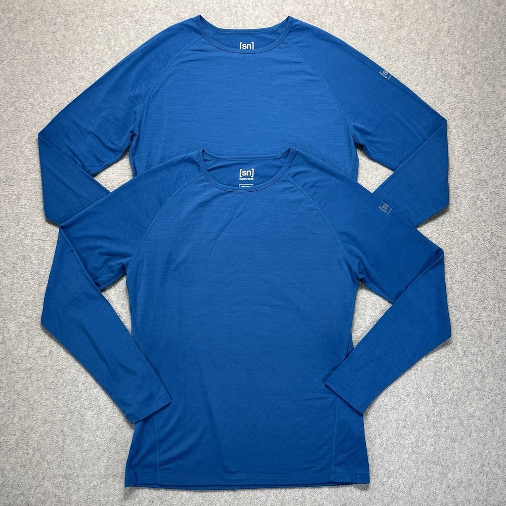 Super Natural SN Mens Medium 2‎ Pack Merino Wool Blend Base Layer Shirts Blue